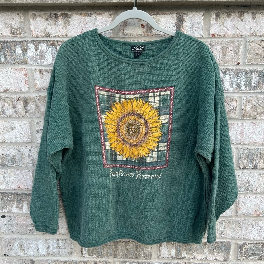 90s Sunflower Green Waffle Knit Sweatshirt L/XL Made USA